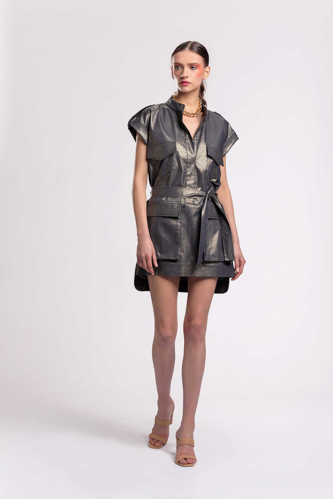 A metallic belted cargo-style dress with wide shoulders, featuring big pockets in a Metallic Denim material jujule lemonie 