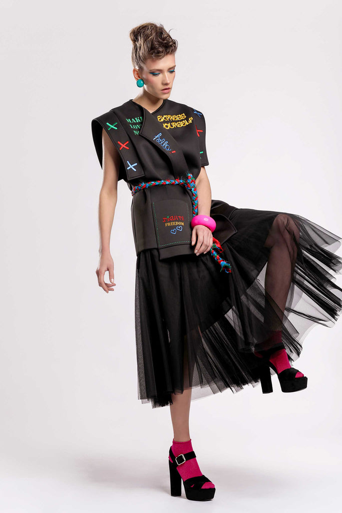 graffiti collection statement piece!  structured cut vest with embroidered statement sentences on the front and the back, featuring an embroidered side pocket and a braided satin belt! Scuba fabric jujule lemonie