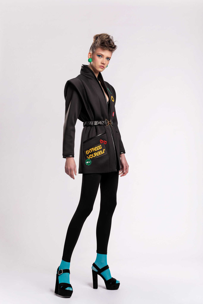 Hera collection striking! Hera Graffiti Jacket with structured shoulders, faux leather detailing, typographical patchwork, with gold plated belt, made out of scuba material and faux leather jujule lemonie