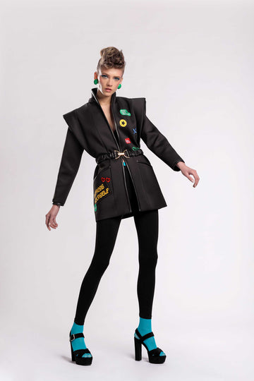 Hera collection striking! Hera Graffiti Jacket with structured shoulders, faux leather detailing, typographical patchwork, with gold plated belt, made out of scuba material and faux leather jujule lemonie