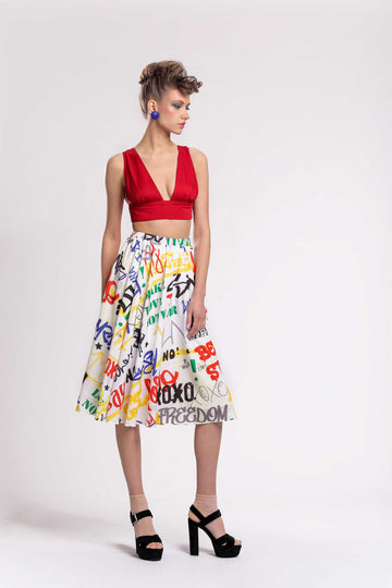 graffiti collection  statement piece! fluid midi skirt with an elastic waist, fully lined made with one of Jujule's signature prints on cupro fabric.