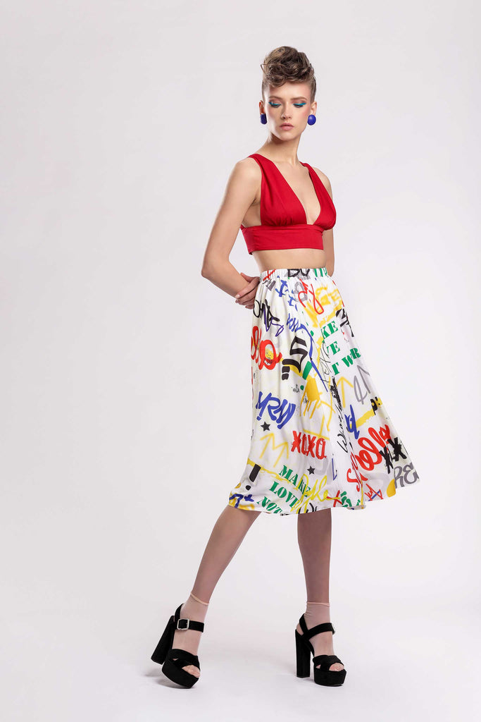 graffiti collection  statement piece! fluid midi skirt with an elastic waist, fully lined made with one of Jujule's signature prints on cupro fabric.