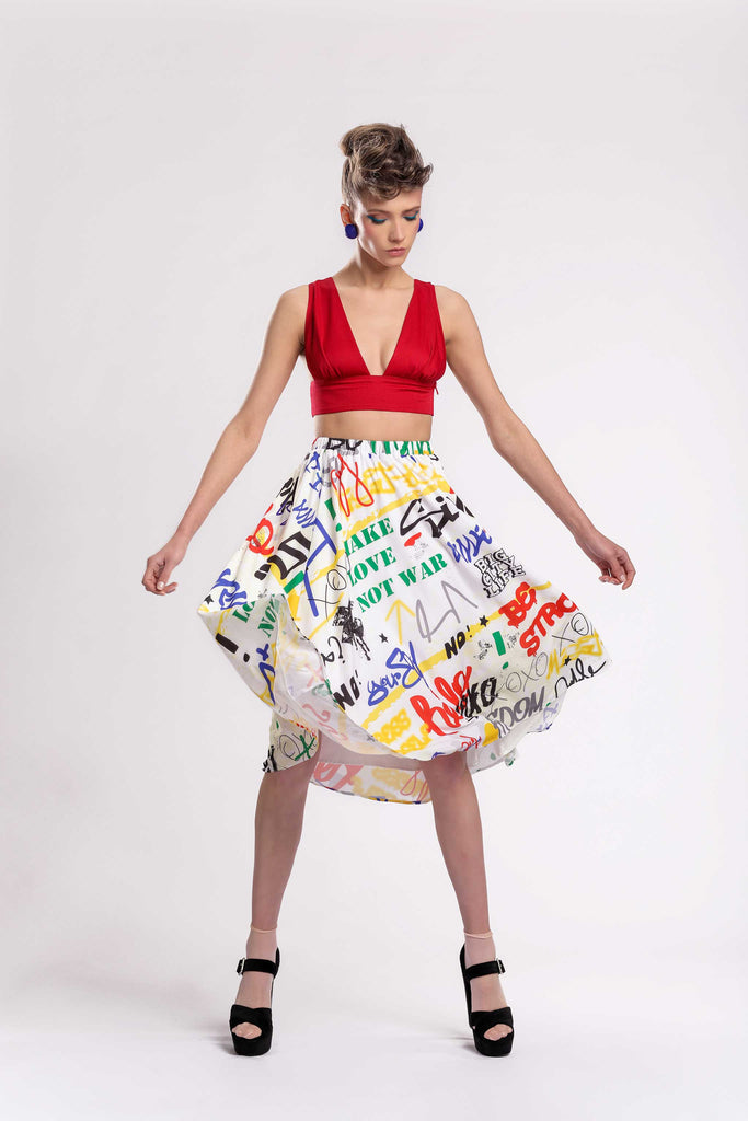 graffiti collection  statement piece! fluid midi skirt with an elastic waist, fully lined made with one of Jujule's signature prints on cupro fabric.