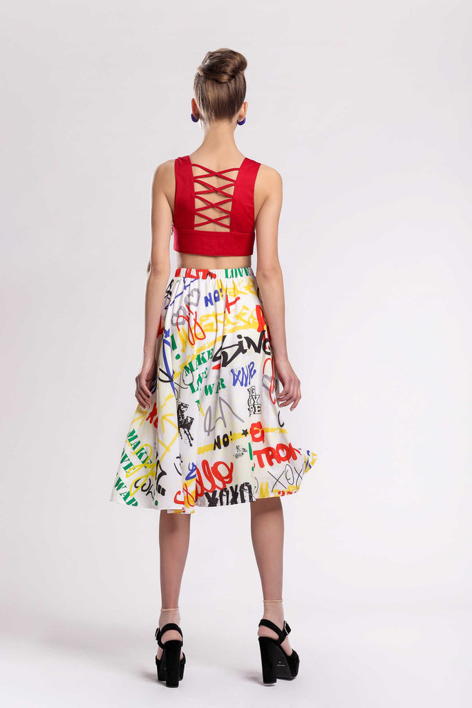 graffiti collection  statement piece! fluid midi skirt with an elastic waist, fully lined made with one of Jujule's signature prints on cupro fabric.