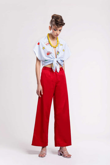 Joya pants! Mid-rise fit with elastic waist from the back and front button fastening! Wide relaxed cut with gabardine fabric jujule lemonie red
