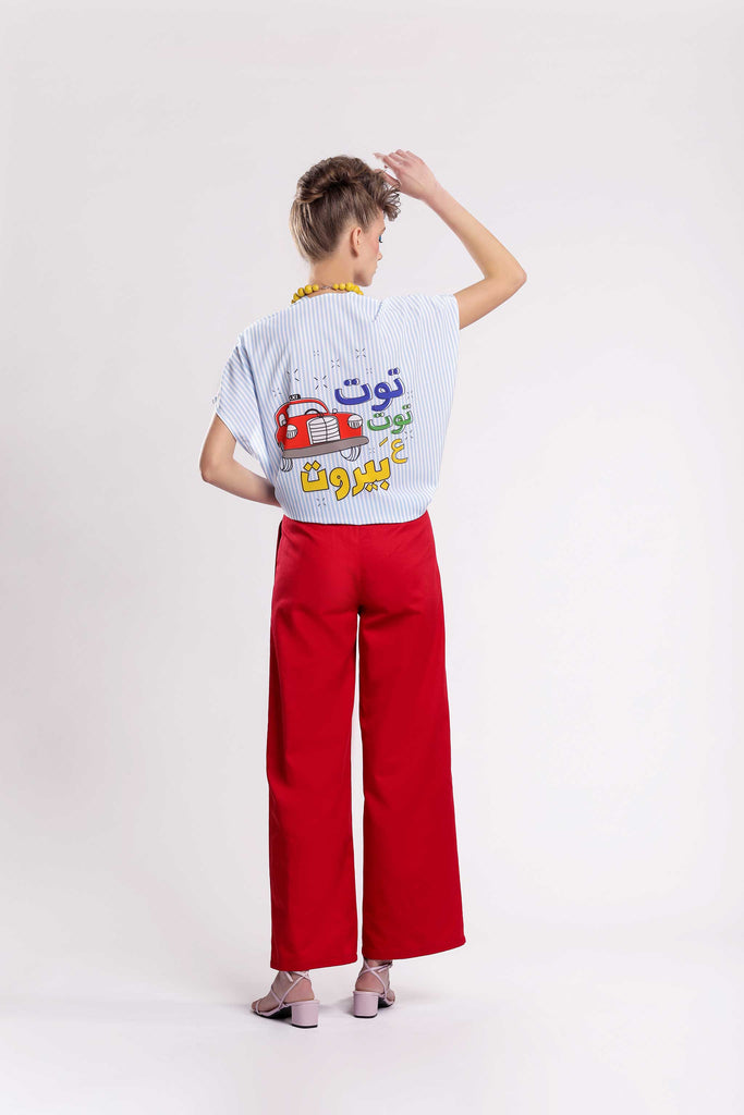 Joya pants! Mid-rise fit with elastic waist from the back and front button fastening! Wide relaxed cut with gabardine fabric jujule lemonie red