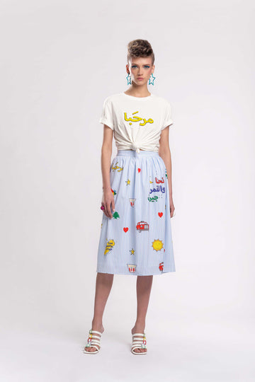 From The Lebanese project, we are bringing you the TLP skirt. A fluid midi skirt, featuring an elastic waist on the back, fully lined in Jujule's signature Lebanese print on cupro fabric
