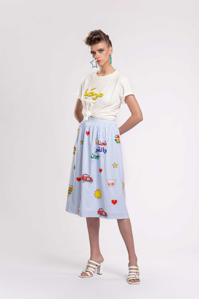 From The Lebanese project, we are bringing you the TLP skirt. A fluid midi skirt, featuring an elastic waist on the back, fully lined in Jujule's signature Lebanese print on cupro fabric