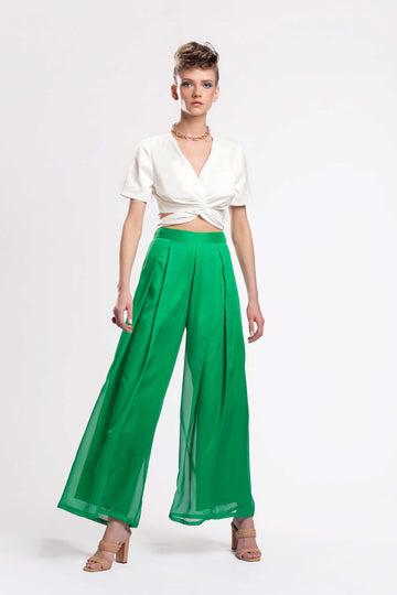  Wide leg trousers Front pleats Elastic waist from the back Concealed zipper fastening Fully lined Fabric: Satin Chiffon jujule lemonie green