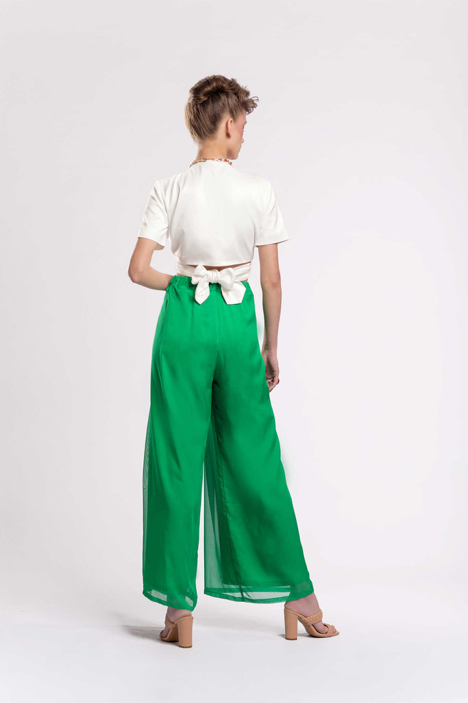  Wide leg trousers Front pleats Elastic waist from the back Concealed zipper fastening Fully lined Fabric: Satin Chiffon jujule lemonie