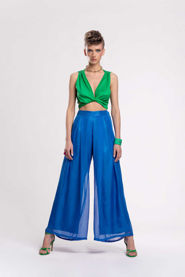  Wide leg trousers Front pleats Elastic waist from the back Concealed zipper fastening Fully lined Fabric: Satin Chiffon jujule lemonie blue