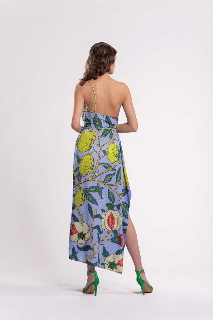 A pomegranate dress! one-shoulder dress with a side slit and ruffles. Its rope wrapping details make it sophisticated jujule lemonie