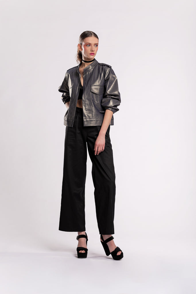 Metallic cargo-style jacket, Waist-length, Puffy sleeves in Metallic Denim material jujule lemonie