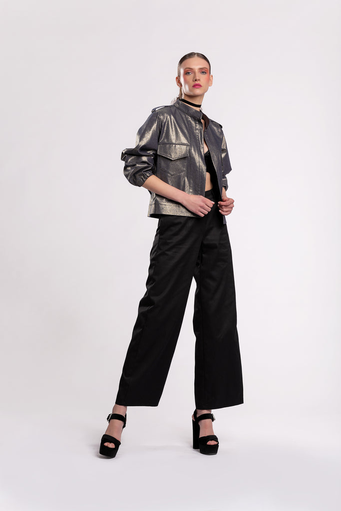 Metallic cargo-style jacket, Waist-length, Puffy sleeves in Metallic Denim material jujule lemonie