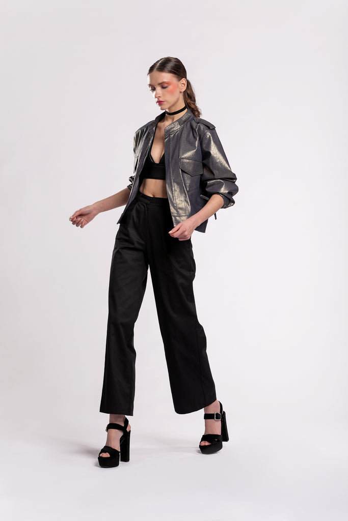 Metallic cargo-style jacket, Waist-length, Puffy sleeves in Metallic Denim material jujule lemonie