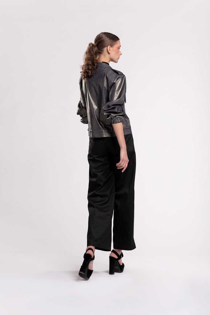 Metallic cargo-style jacket, Waist-length, Puffy sleeves in Metallic Denim material jujule lemonie