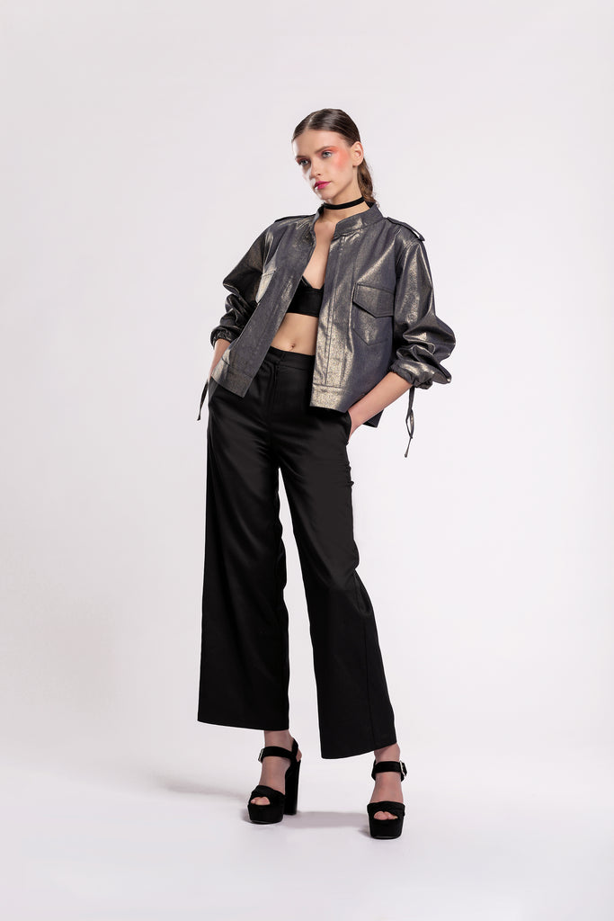 Metallic cargo-style jacket, Waist-length, Puffy sleeves in Metallic Denim material jujule lemonie