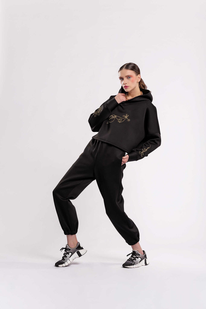 Best quality lounger wear! This Hoodie with Jujule embroidery design in gold in scuba fabric black