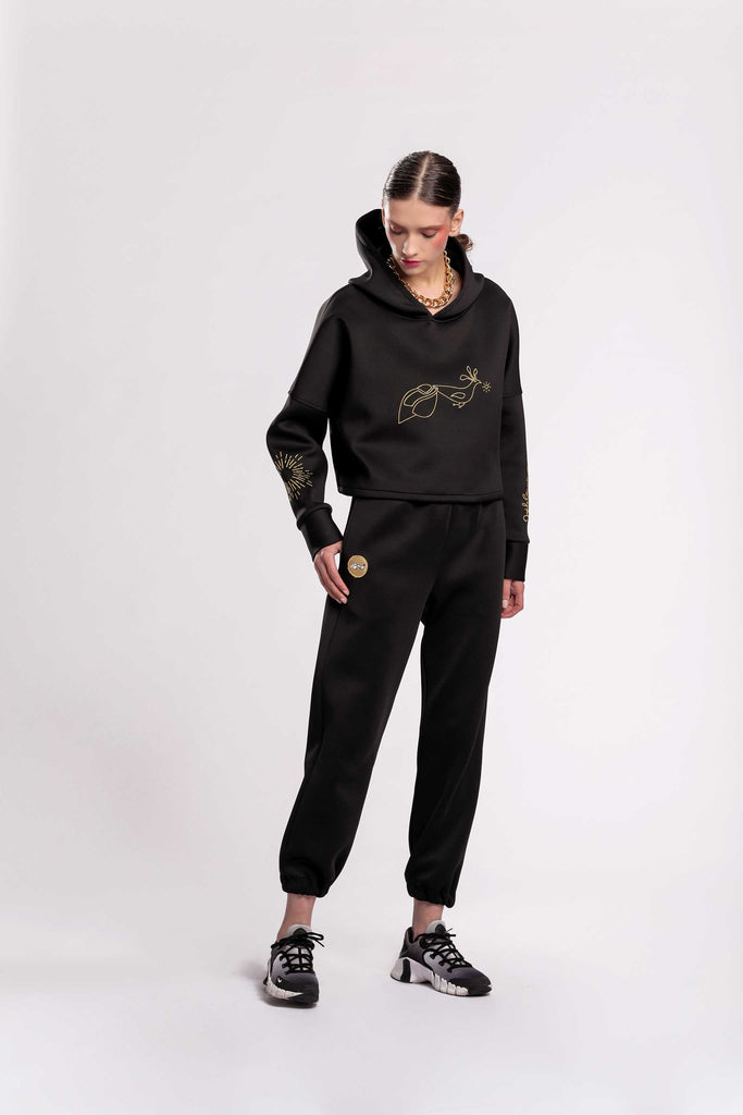 Best quality lounger wear! This Hoodie with Jujule embroidery design in gold in scuba fabric black