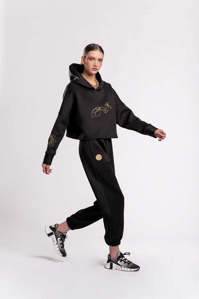 Best quality lounger wear! This Hoodie with Jujule embroidery design in gold in scuba fabric black