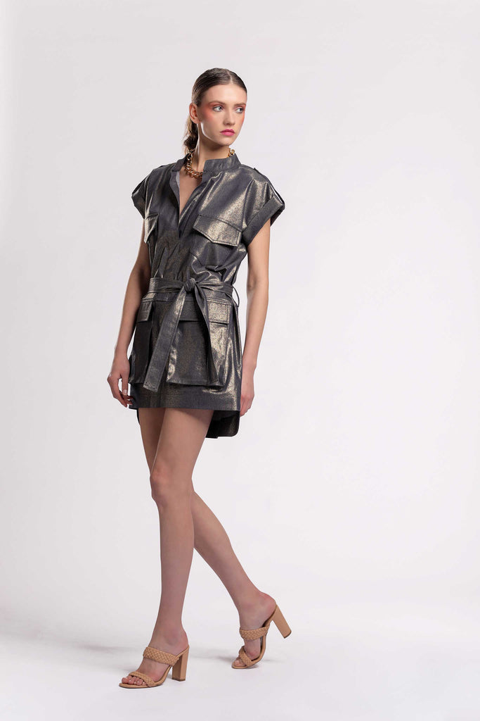 A metallic belted cargo-style dress with wide shoulders, featuring big pockets in a Metallic Denim material jujule lemonie 