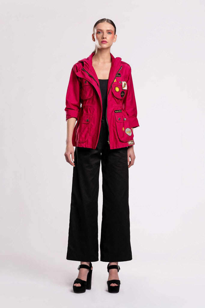 Lebanese project in a perfect mid-season jacket! With a front zipper, multiple pockets with flaps, adjustable from the waist, features a hoodie, embellished with embroidered "Lebanese" badges in Light Denim fabric jujule lemonie fushia
