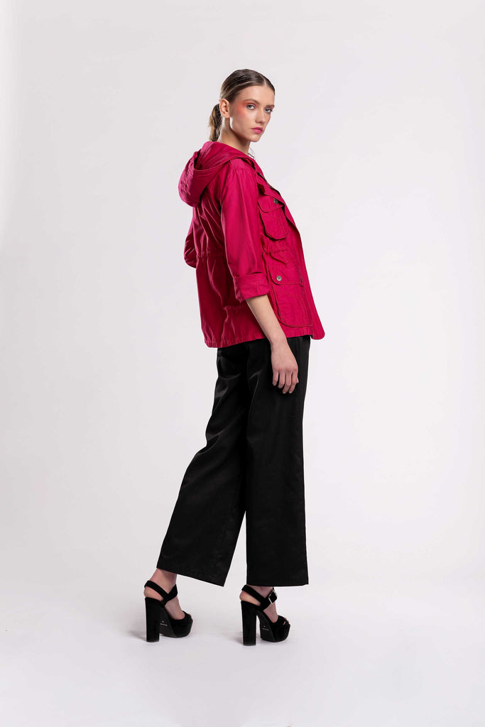 Lebanese project in a perfect mid-season jacket! With a front zipper, multiple pockets with flaps, adjustable from the waist, features a hoodie, embellished with embroidered "Lebanese" badges in Light Denim fabric jujule lemonie fushia